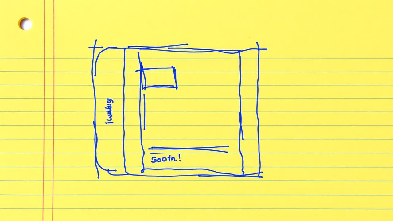 Hand-drawn ballpoint wireframe of a mobile app screen on yellow legal pad paper