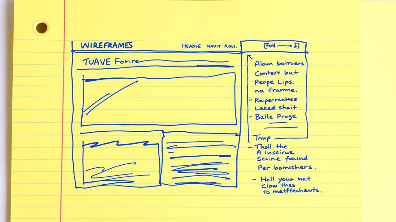 Hand-drawn ballpoint wireframe of a website layout on yellow legal pad paper